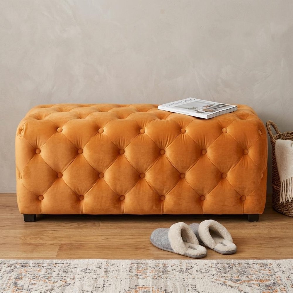 50" Orange and Dark Brown Velvet and Solid Wood Upholstered Bench