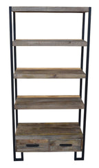 71" Brown Distressed Solid Wood Four Tier Etagere Bookcase with Two Drawers