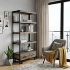 71" Brown Distressed Solid Wood Four Tier Etagere Bookcase with Two Drawers