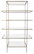 59" Antiqued Gold And Clear Iron and Glass Five Tier Etagere Bookcase