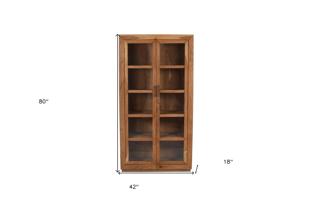80" Brown Solid Wood Display Stand With Two Doors
