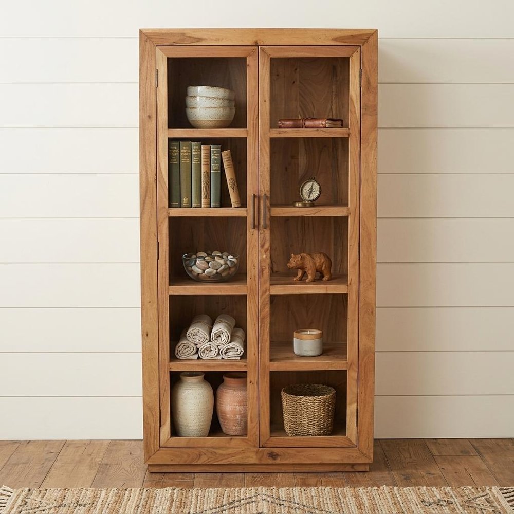 80" Brown Solid Wood Display Stand With Two Doors