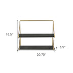 21" Dark Gray And Gold Metal And Wood Wall Mounted Tiered Shelf