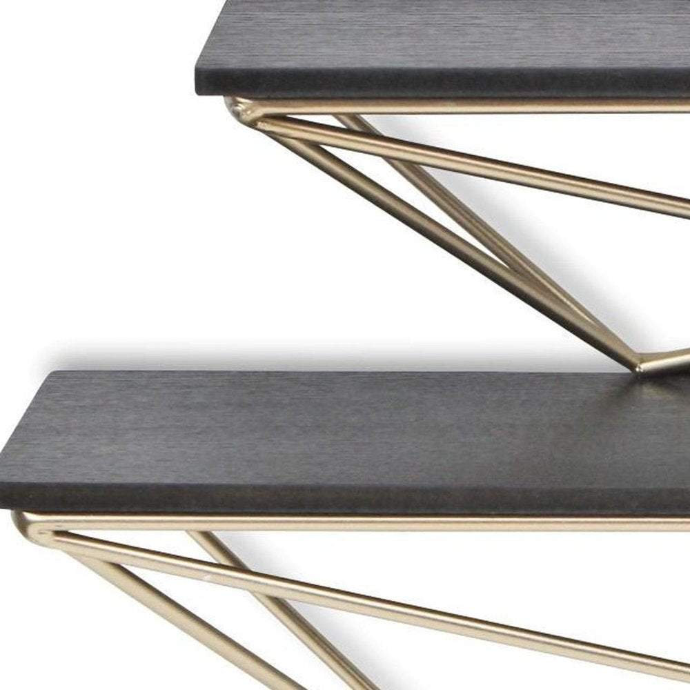 Set Of Two Black And Gold Wood And Metal Modern Wall Mounted Accent Shelves