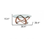 39" Clear and Brown Glass And Solid Wood Round Abstract Coffee Table
