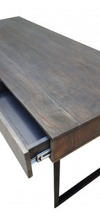 58" Gray and Black Solid Wood and Iron Sled Writing Desk With Three Drawers