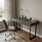 58" Gray and Black Solid Wood and Iron Sled Writing Desk With Three Drawers