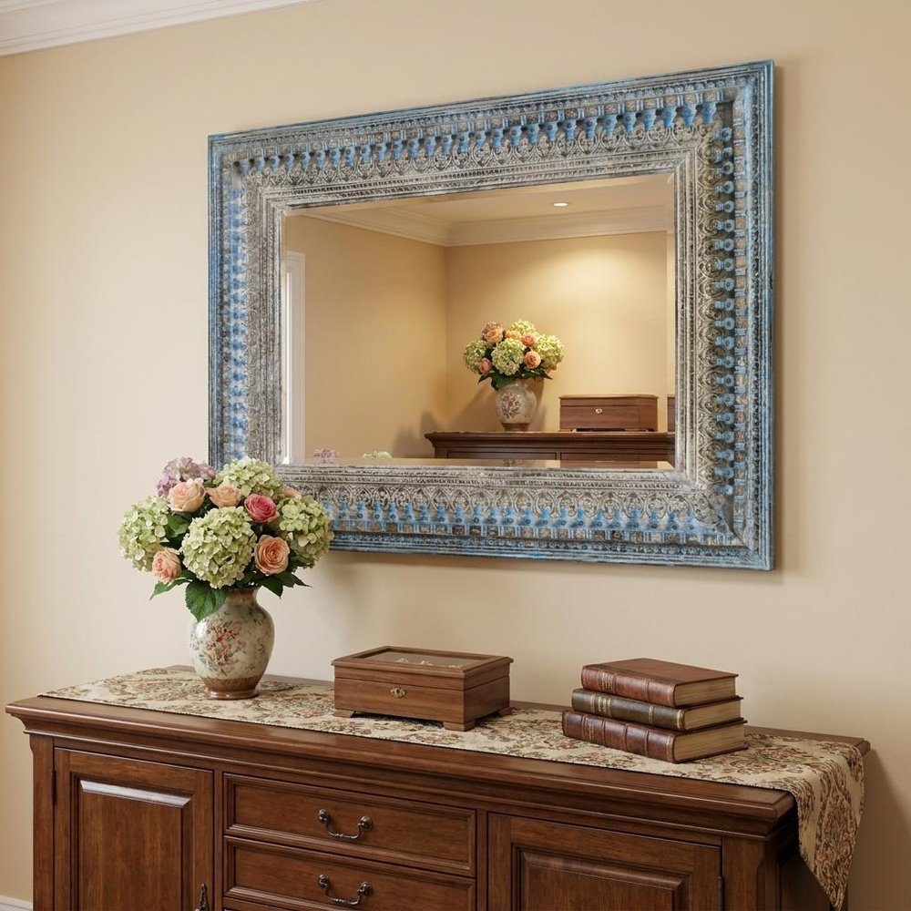 50" Blue and Silver Solid Wood Framed Accent Mirror