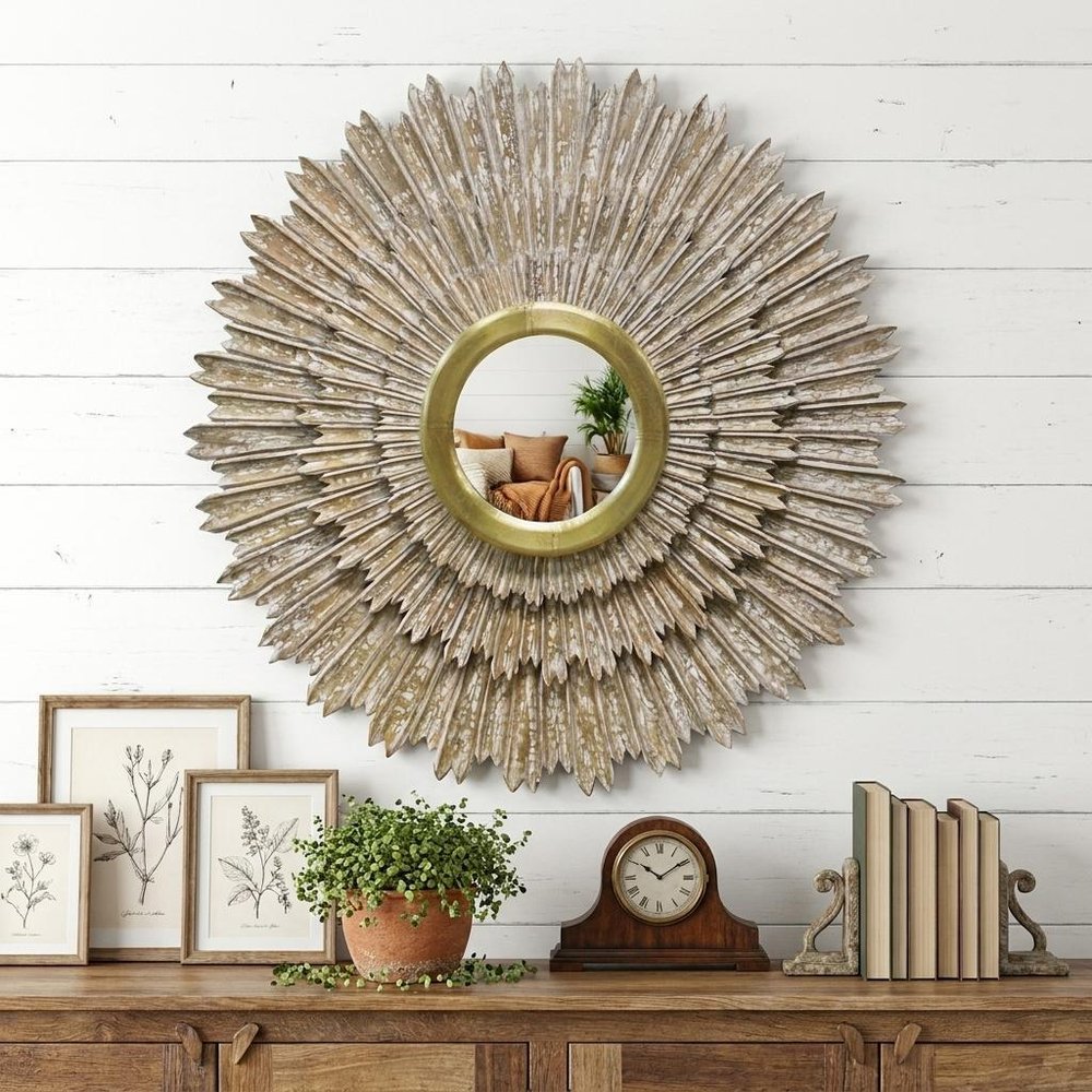 44" Antiqued Gold Sunburst Wood and Metal Framed Accent Mirror