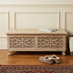 46" Antique White Solid Carved Wood Scroll Bench with Flip Top