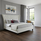 Beige King Diamond Button Tufted Upholstered Bed Frame