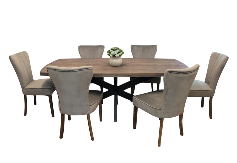 Seven Piece Gray and Black Solid Wood Dining Set with Six Chairs
