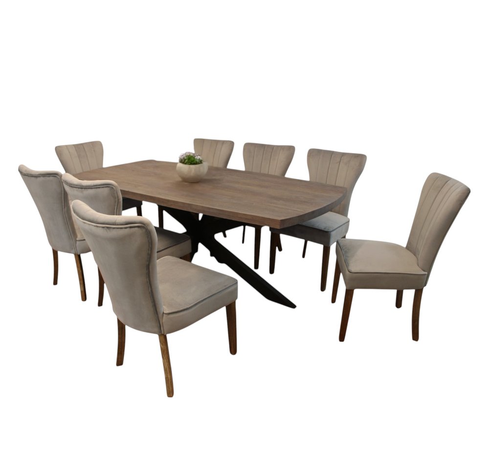 Nine Piece Gray and Black Solid Wood Dining Set with Eight Chairs