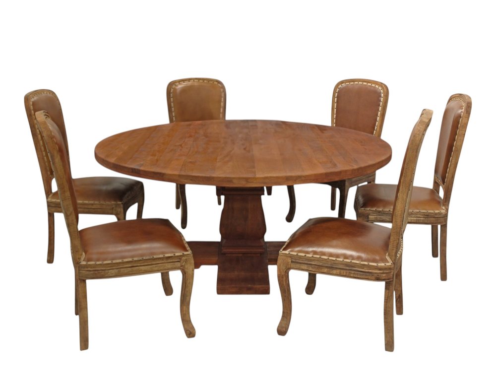 Seven Piece Brown Round Solid Wood Dining Set with Six Chairs