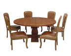 Seven Piece Brown Round Solid Wood Dining Set with Six Chairs