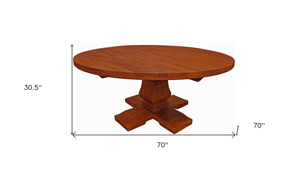 Seven Piece Brown Round Solid Wood Dining Set with Six Chairs