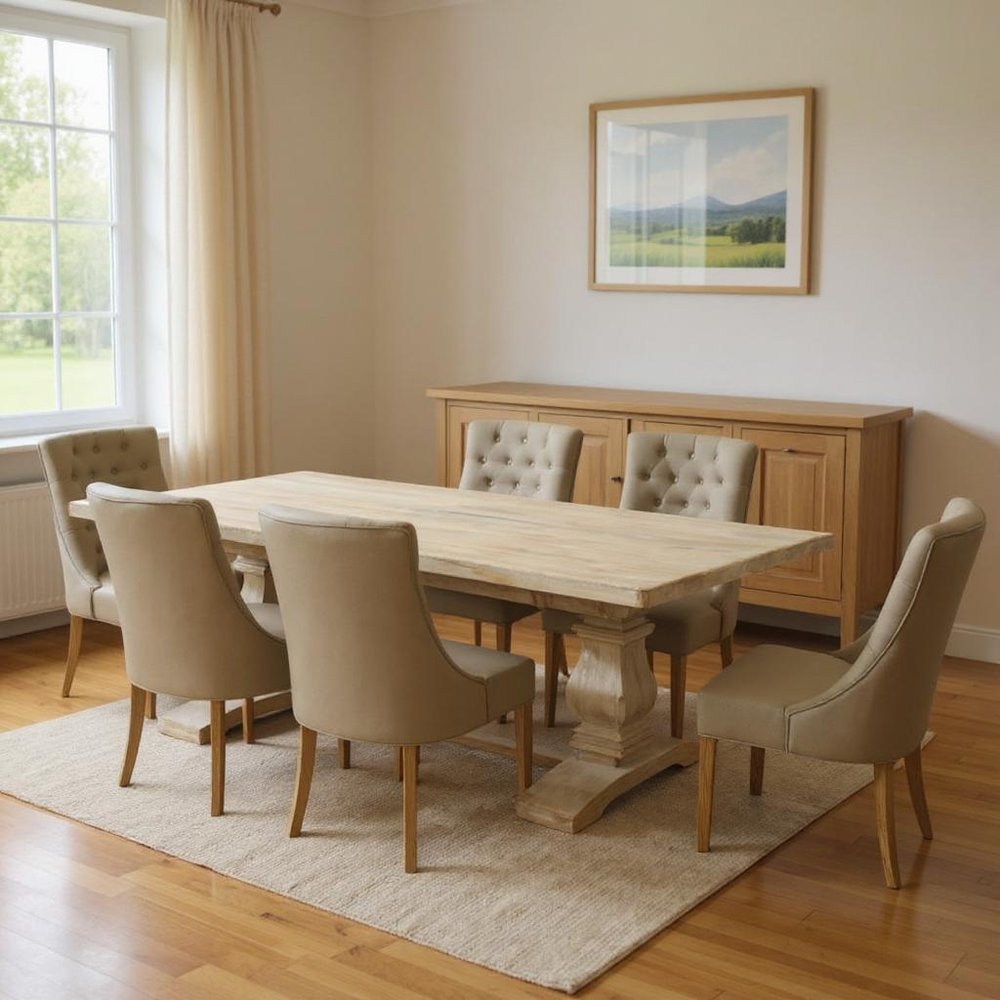 Seven Piece White Solid Wood Dining Set with Six Chairs