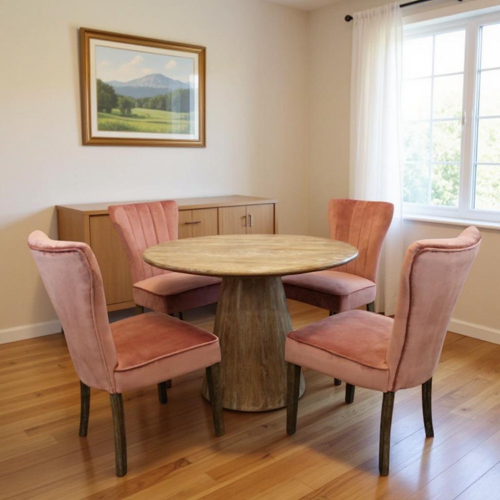 Five Piece Natural Round Solid Wood Dining Set with Four Chairs