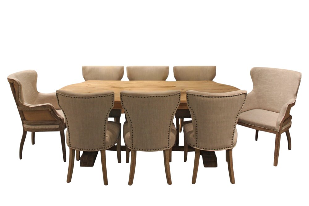 Nine Piece Natural Solid Wood Dining Set with Eight Chairs