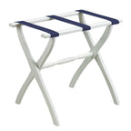 White Folding Luggage Rack With Navy Blue Straps