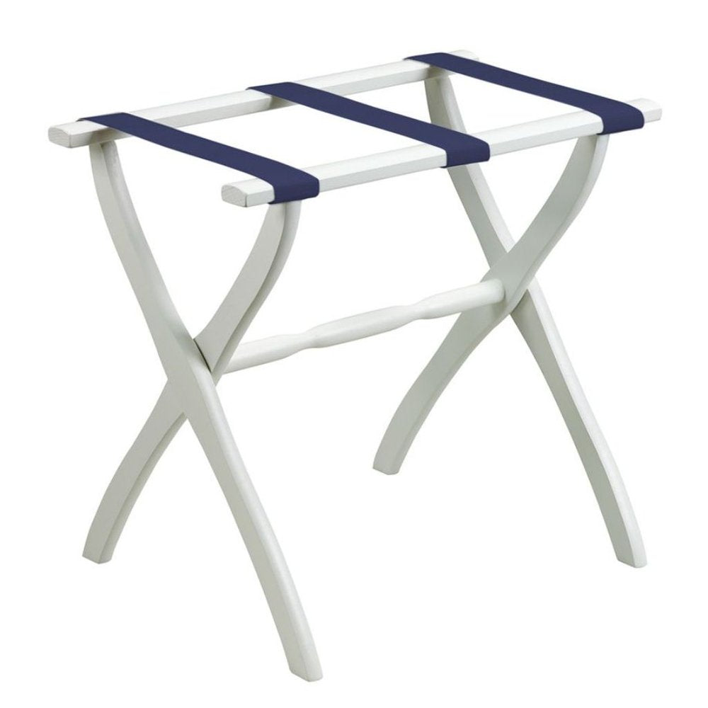 White Folding Luggage Rack With Navy Blue Straps