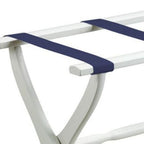 White Folding Luggage Rack With Navy Blue Straps