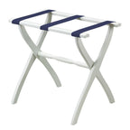 White Folding Luggage Rack With Navy Blue Straps
