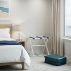 White Folding Luggage Rack With Navy Blue Straps