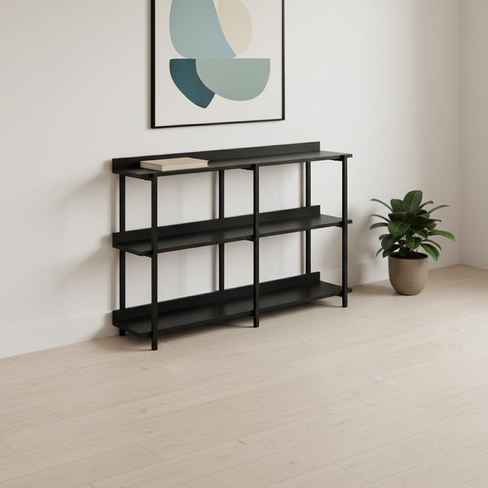 47" Black Wood and Metal Frame Console Table With Three Shelves