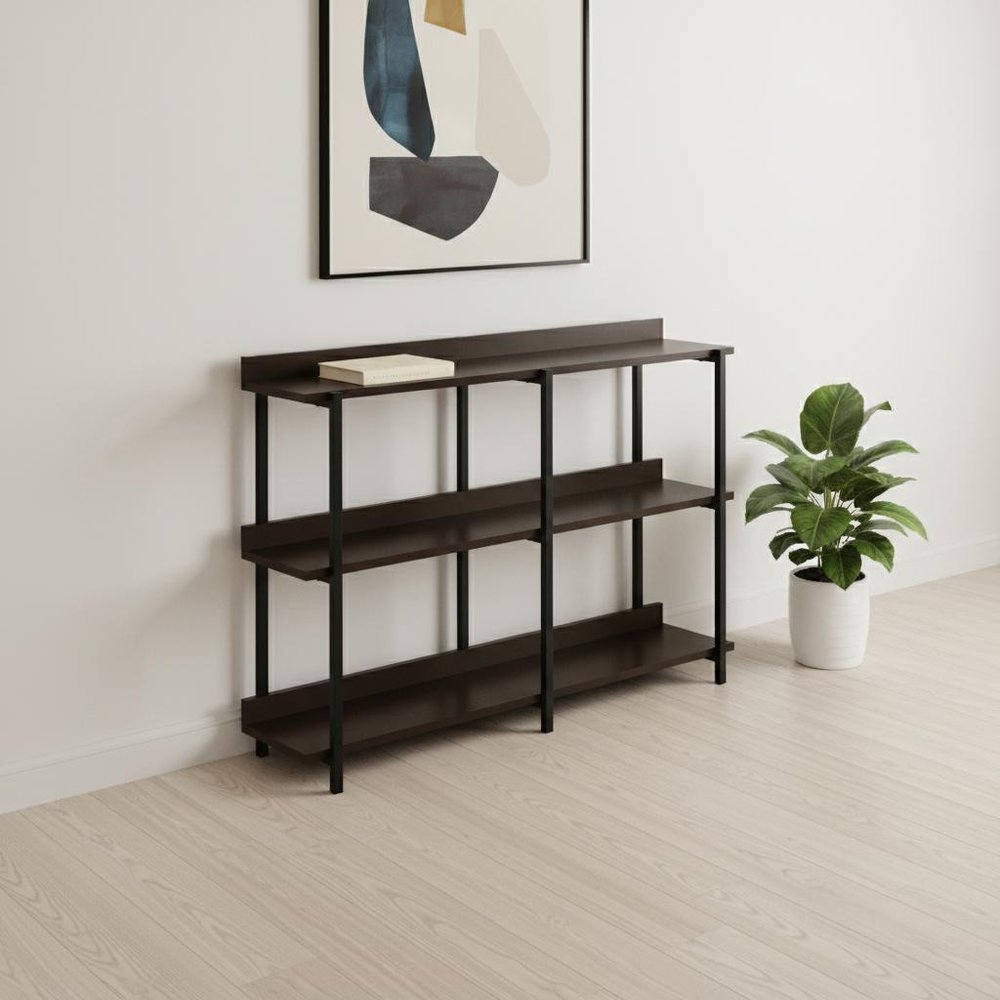 47" Brown and Black Wood and Metal Frame Console Table With Three Shelves
