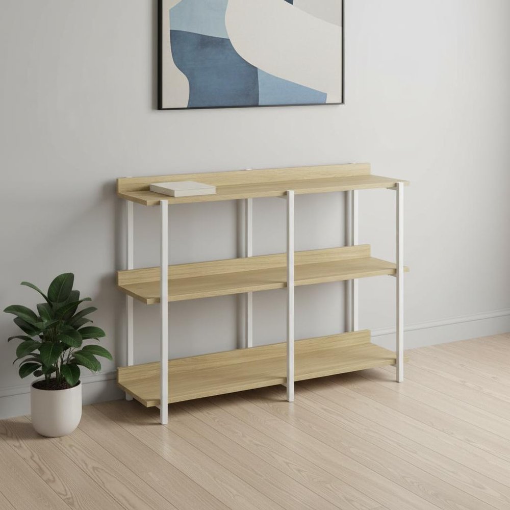 47" Natural and White Wood and Metal Frame Console Table With Three Shelves