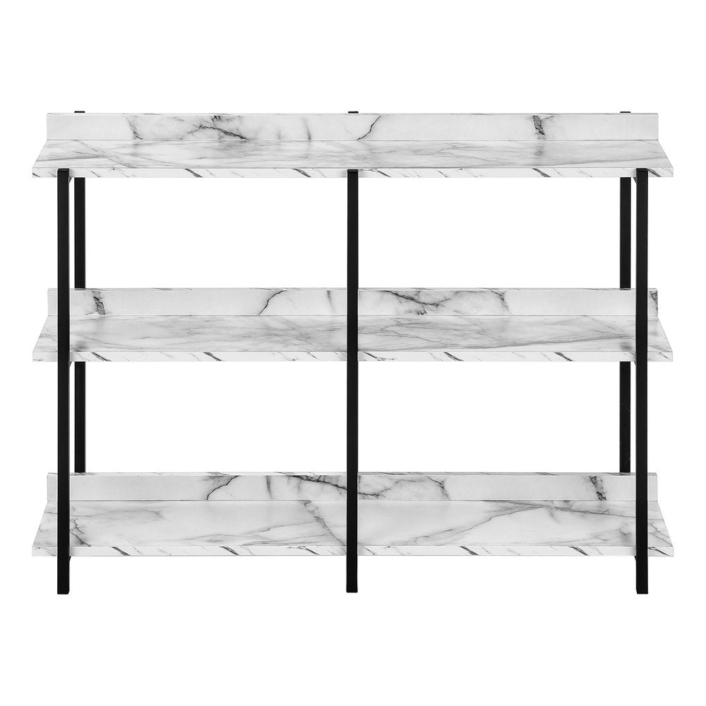 47" White and Black Wood and Metal Faux Marble Console Table With Three Shelves