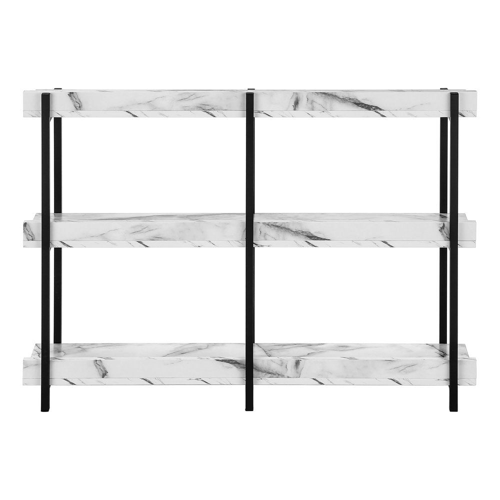 47" White and Black Wood and Metal Faux Marble Console Table With Three Shelves