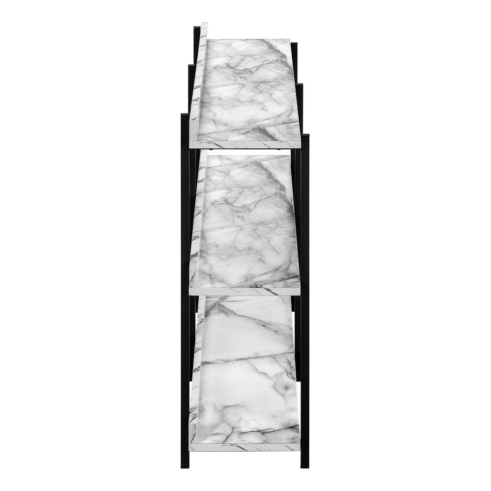 47" White and Black Wood and Metal Faux Marble Console Table With Three Shelves