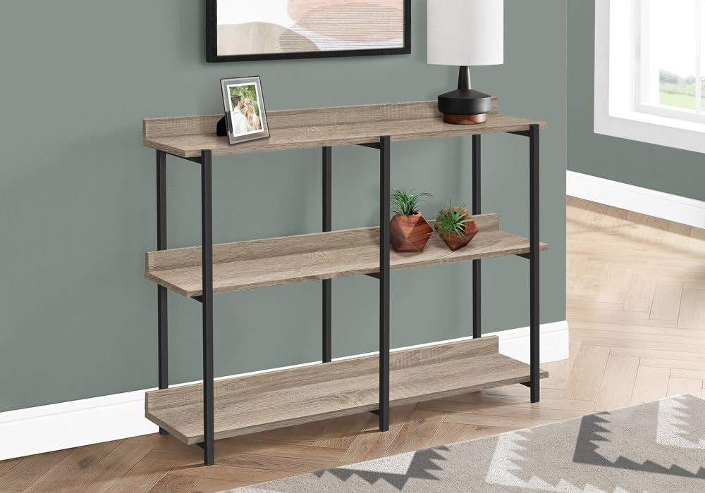 47" Taupe and Black Wood and Metal Frame Console Table With Three Shelves