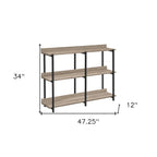 47" Taupe and Black Wood and Metal Frame Console Table With Three Shelves