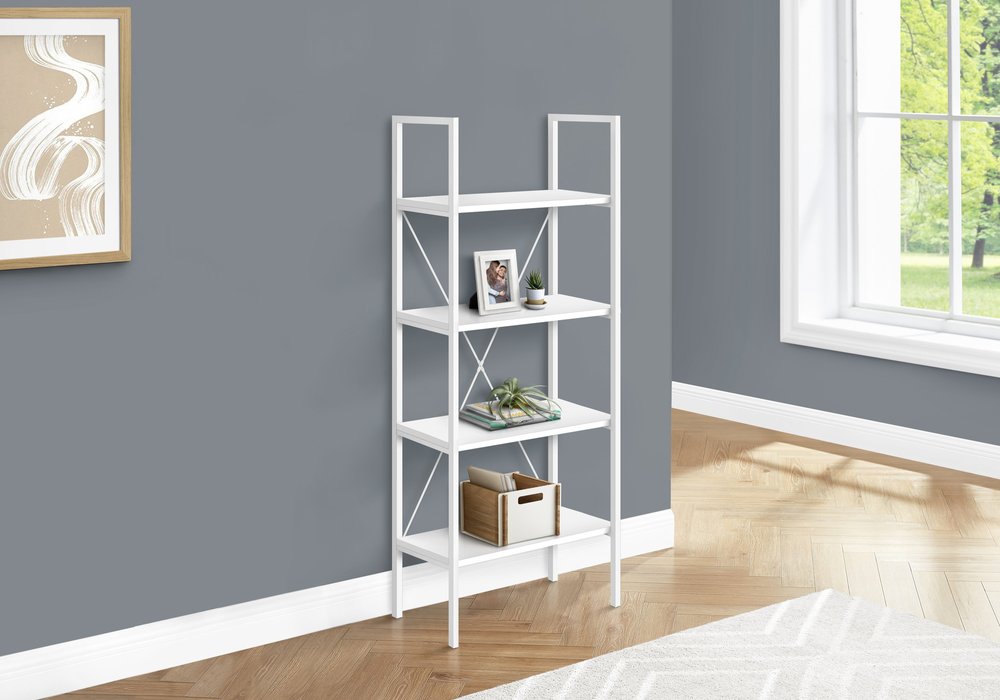 48" White Metal and Wood Four Tier Etagere Bookcase