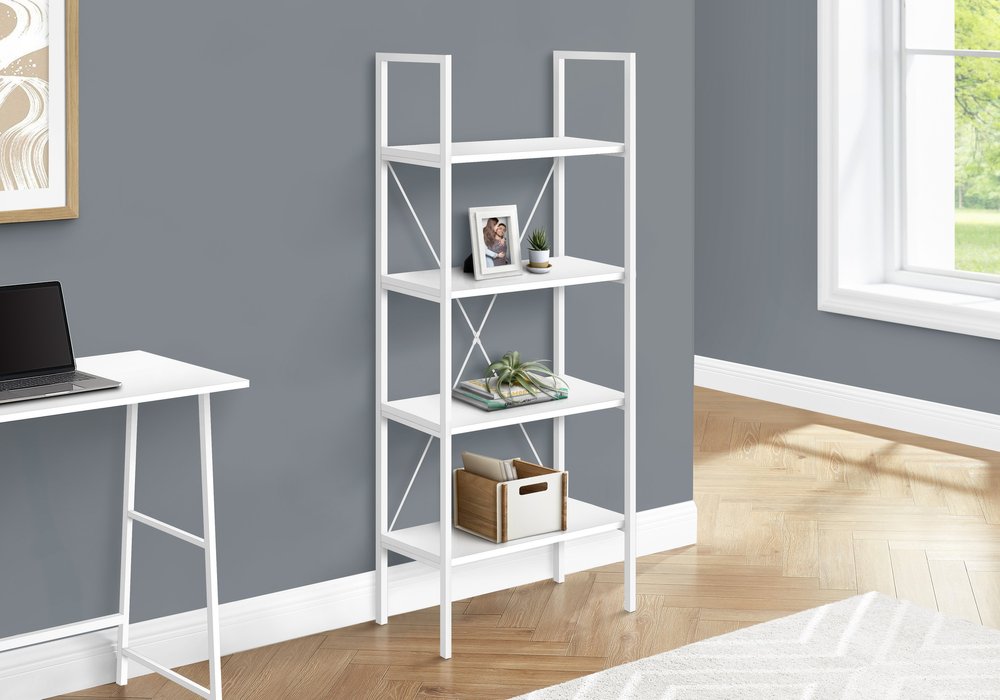 48" White Metal and Wood Four Tier Etagere Bookcase
