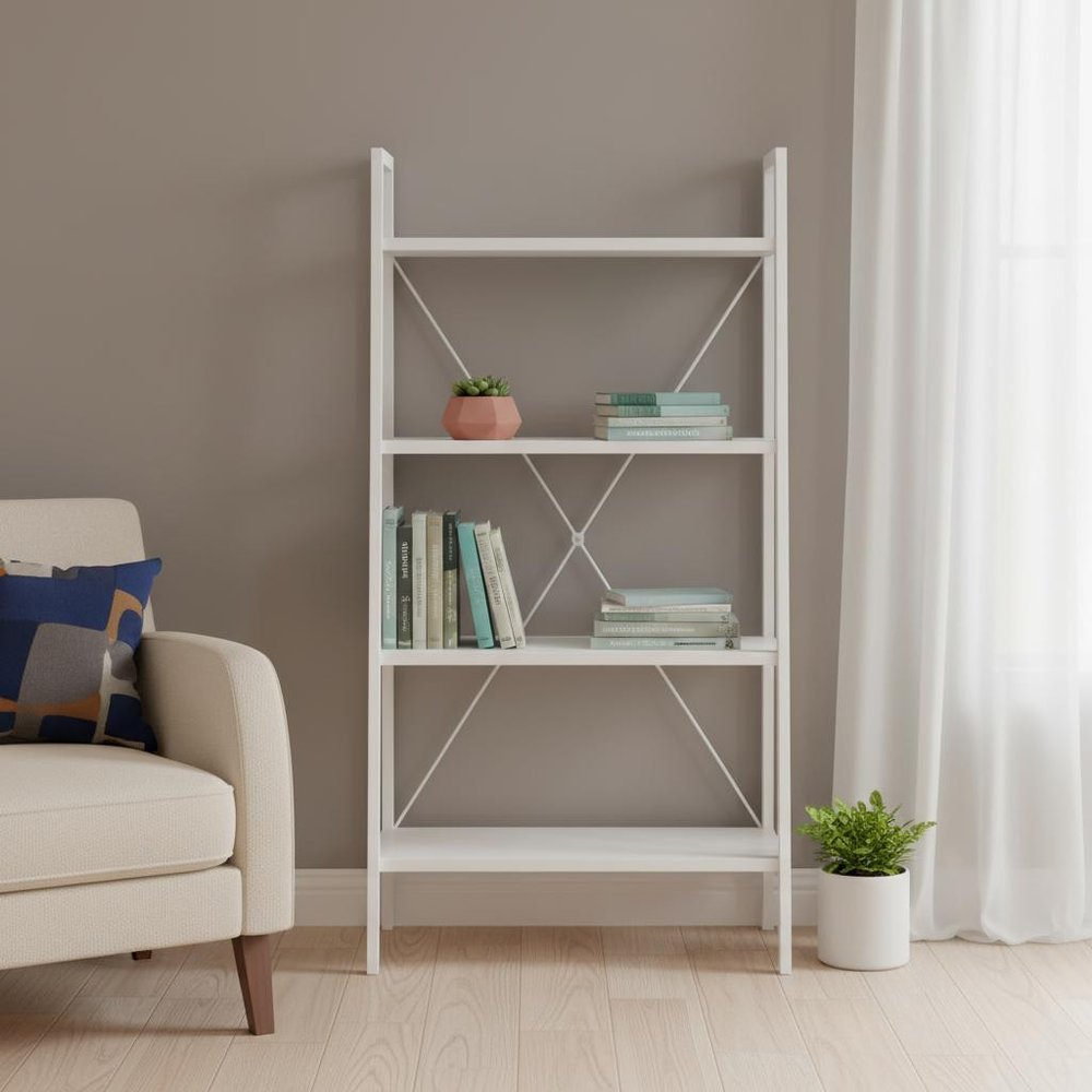 48" White Metal and Wood Four Tier Etagere Bookcase