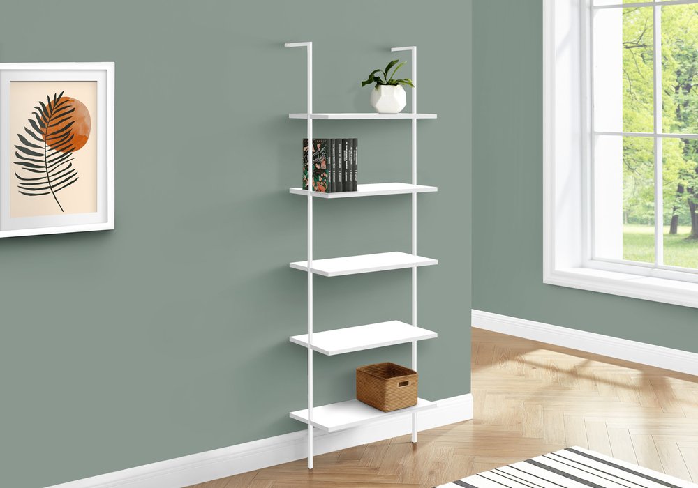 72" White Metal and Wood Five Tier Bookcase