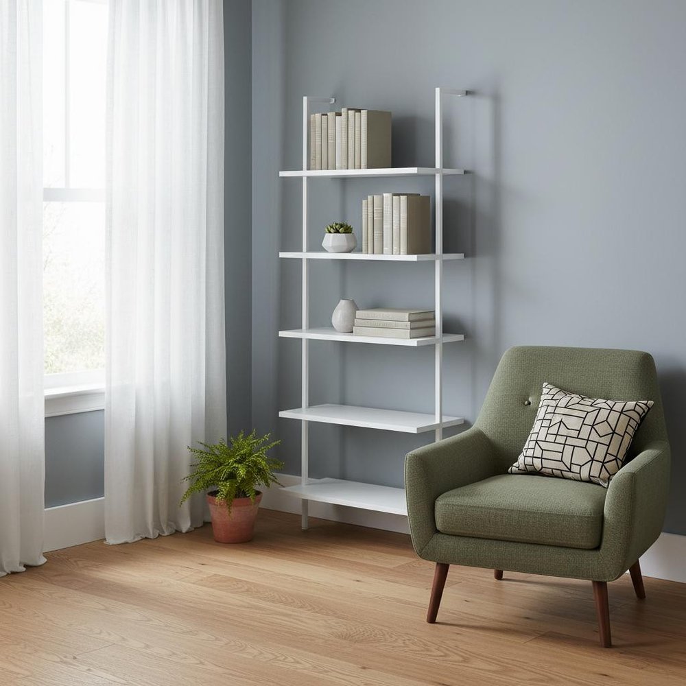 72" White Metal and Wood Five Tier Bookcase