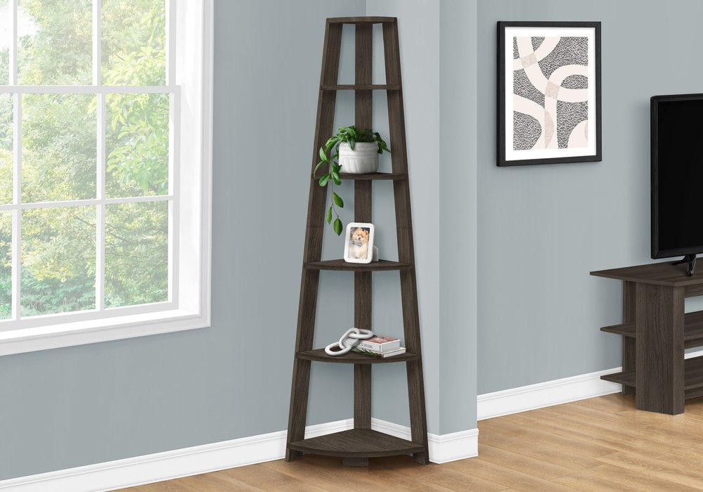 71" Oak Particle Board and Wood Five Tier Corner Bookcase
