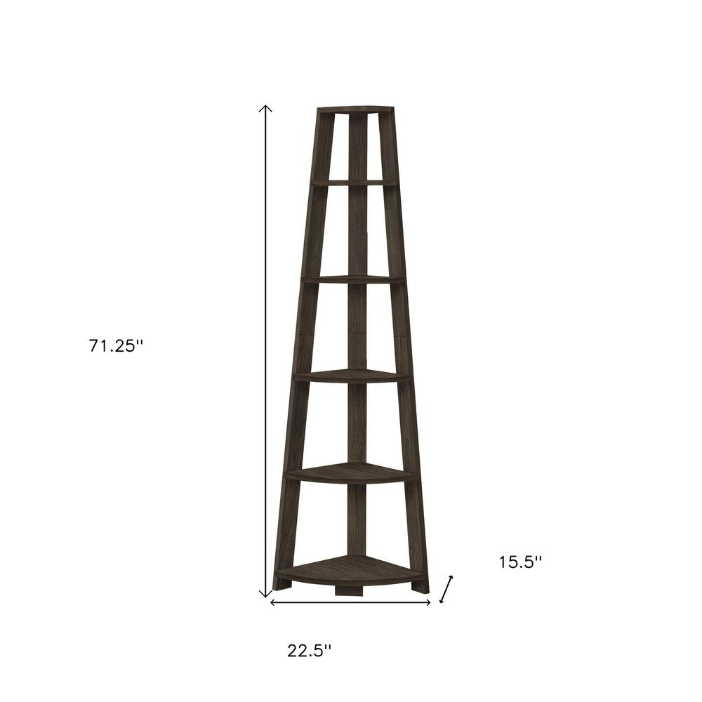 71" Oak Particle Board and Wood Five Tier Corner Bookcase