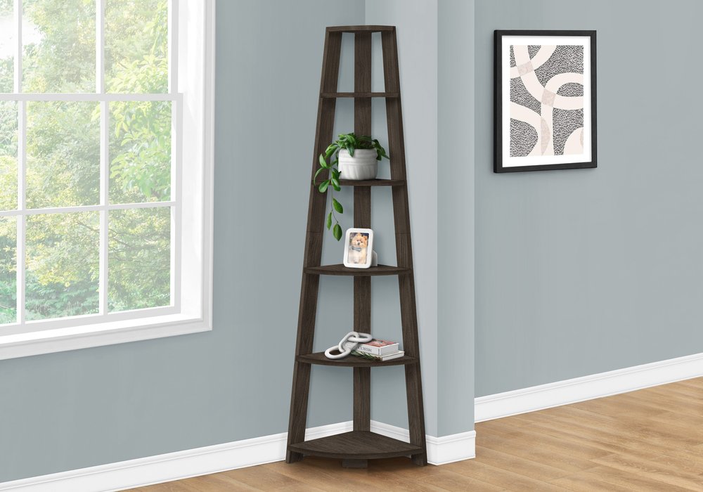 71" Oak Particle Board and Wood Five Tier Corner Bookcase