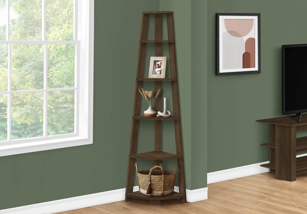 71" Dark Brown Wood Five Tier Corner Bookcase