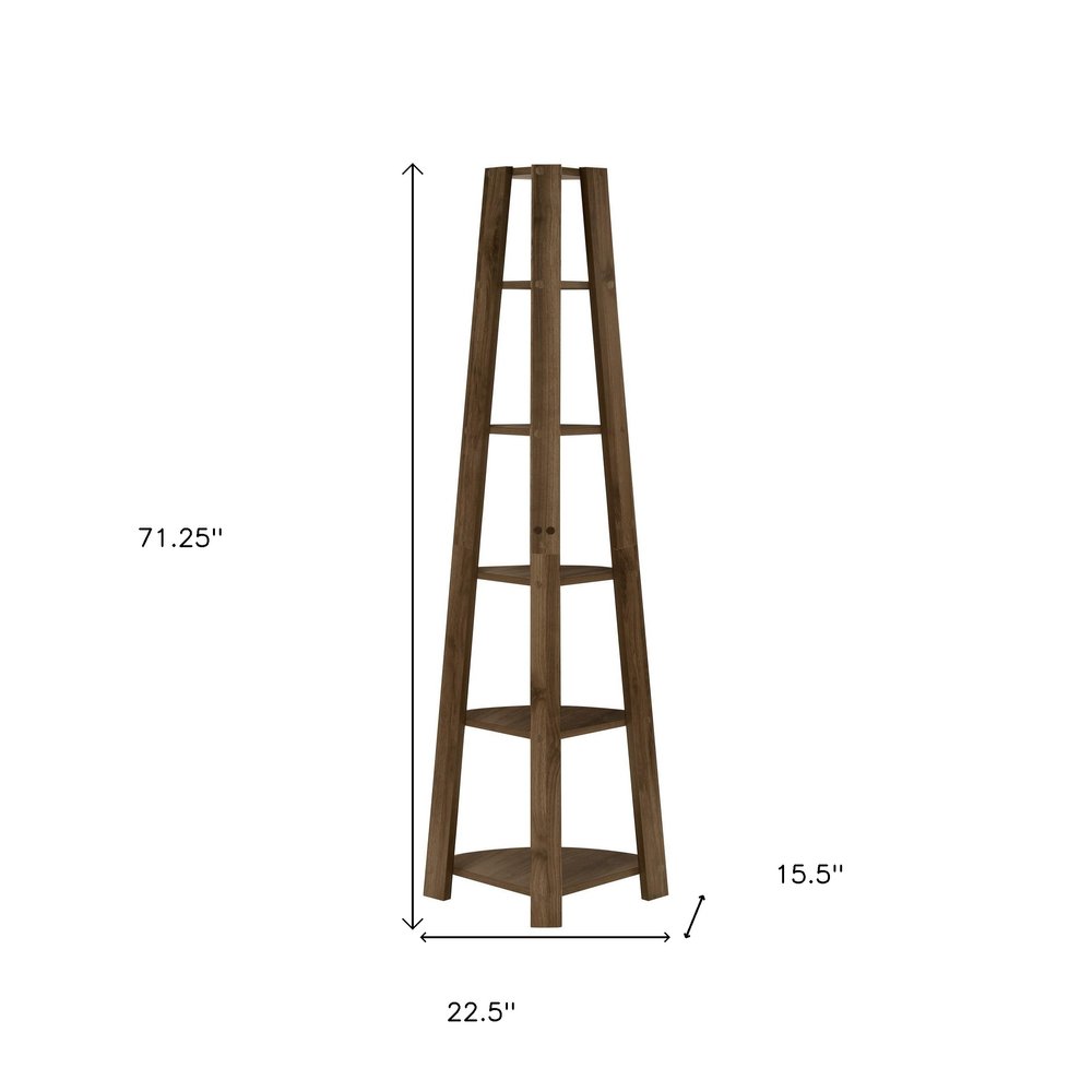 71" Dark Brown Wood Five Tier Corner Bookcase