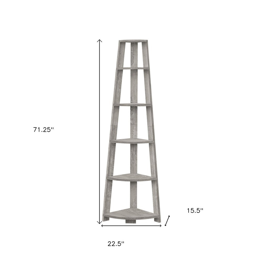 71" Gray Particle Board and Wood Five Tier Corner Bookcase