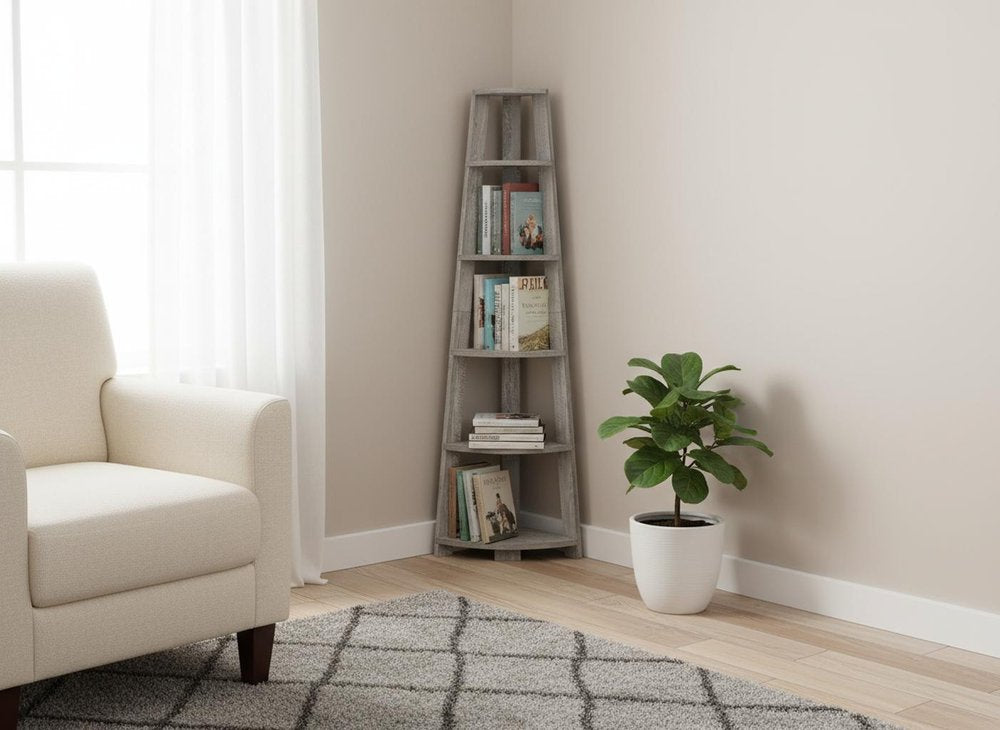 71" Gray Particle Board and Wood Five Tier Corner Bookcase