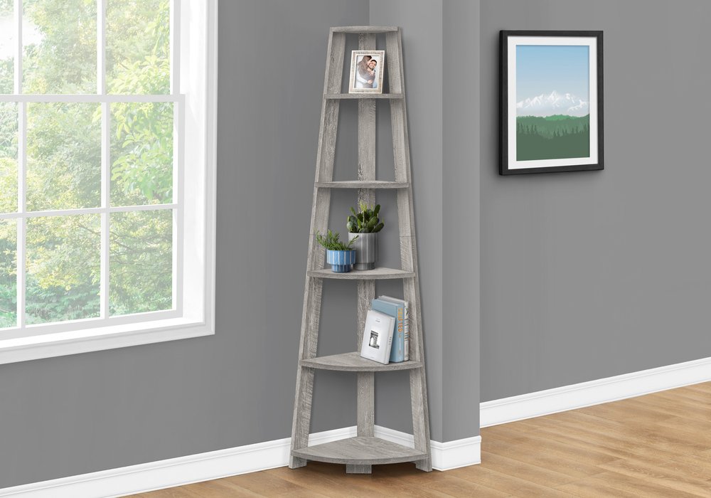 71" Gray Particle Board and Wood Five Tier Corner Bookcase