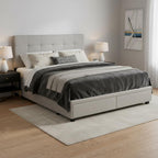 Gray Tufted Linen Upholstered Queen Bed Frame With Drawers